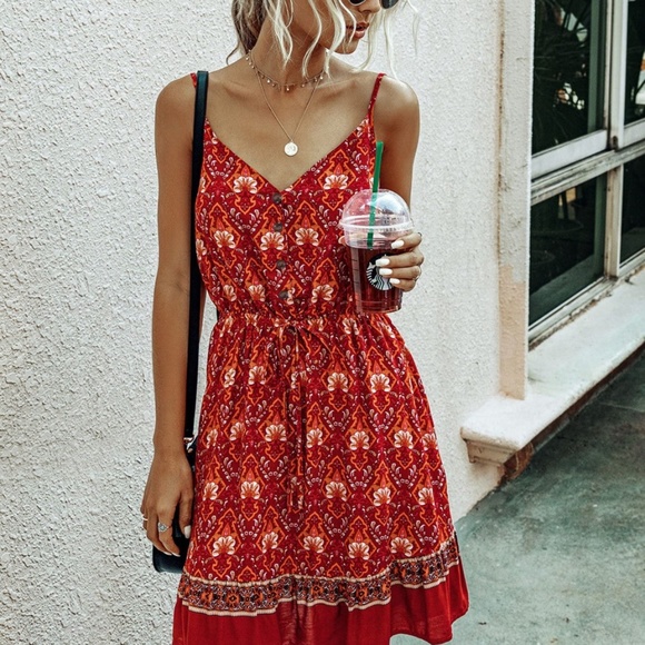 Boho Hippie Gypsy Floral Midi Dress - red - Picture 4 of 8